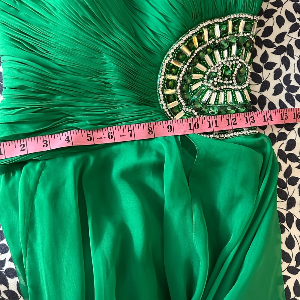 Sherri Hill EmeraldGreen Strapless PleatedTop Rhinestone/Jeweled Chiffon Dress 4 - Picture 13 of 16